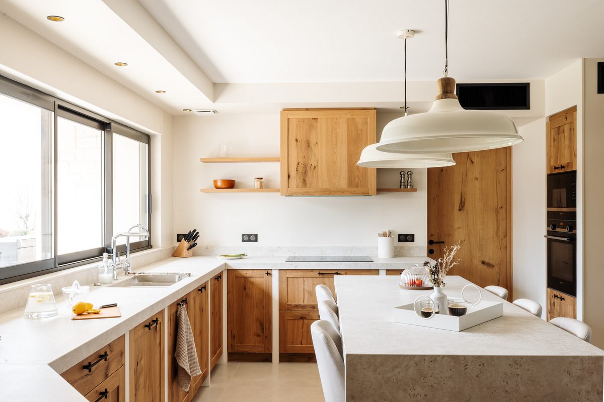 The kitchen's central island, with its stools