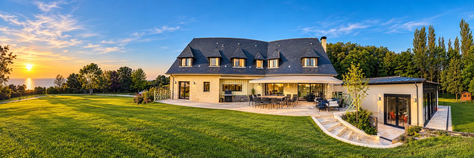 La villa Holisty à Villerville au coucher du soleil : la maison normande, sa terrasse, l'orangerie de la piscine et la pelouse du parc, la mer à l'horizon