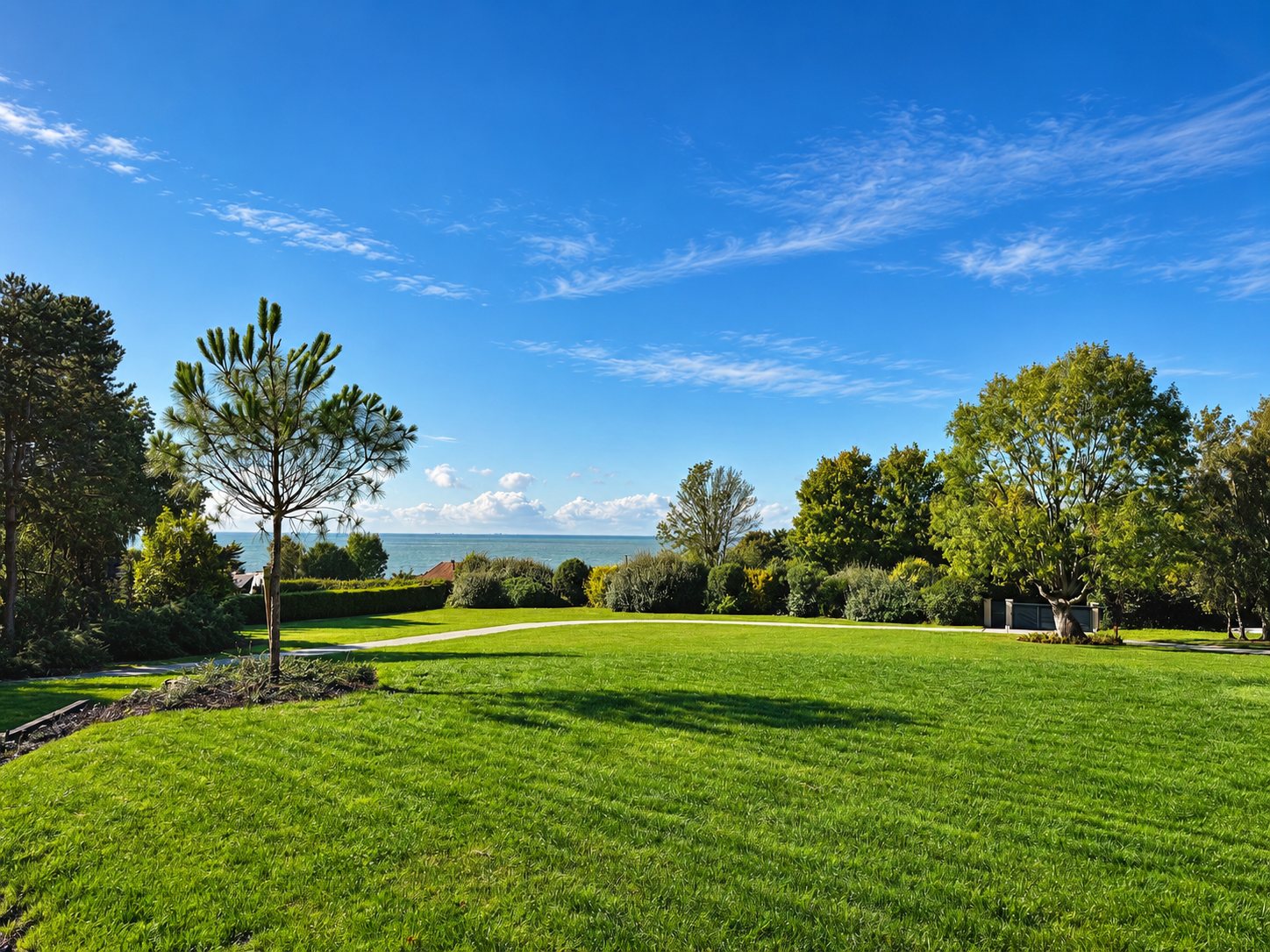 Le parc d'un hectare de la villa Holisty, sa pelouse et la mer à l'horizon