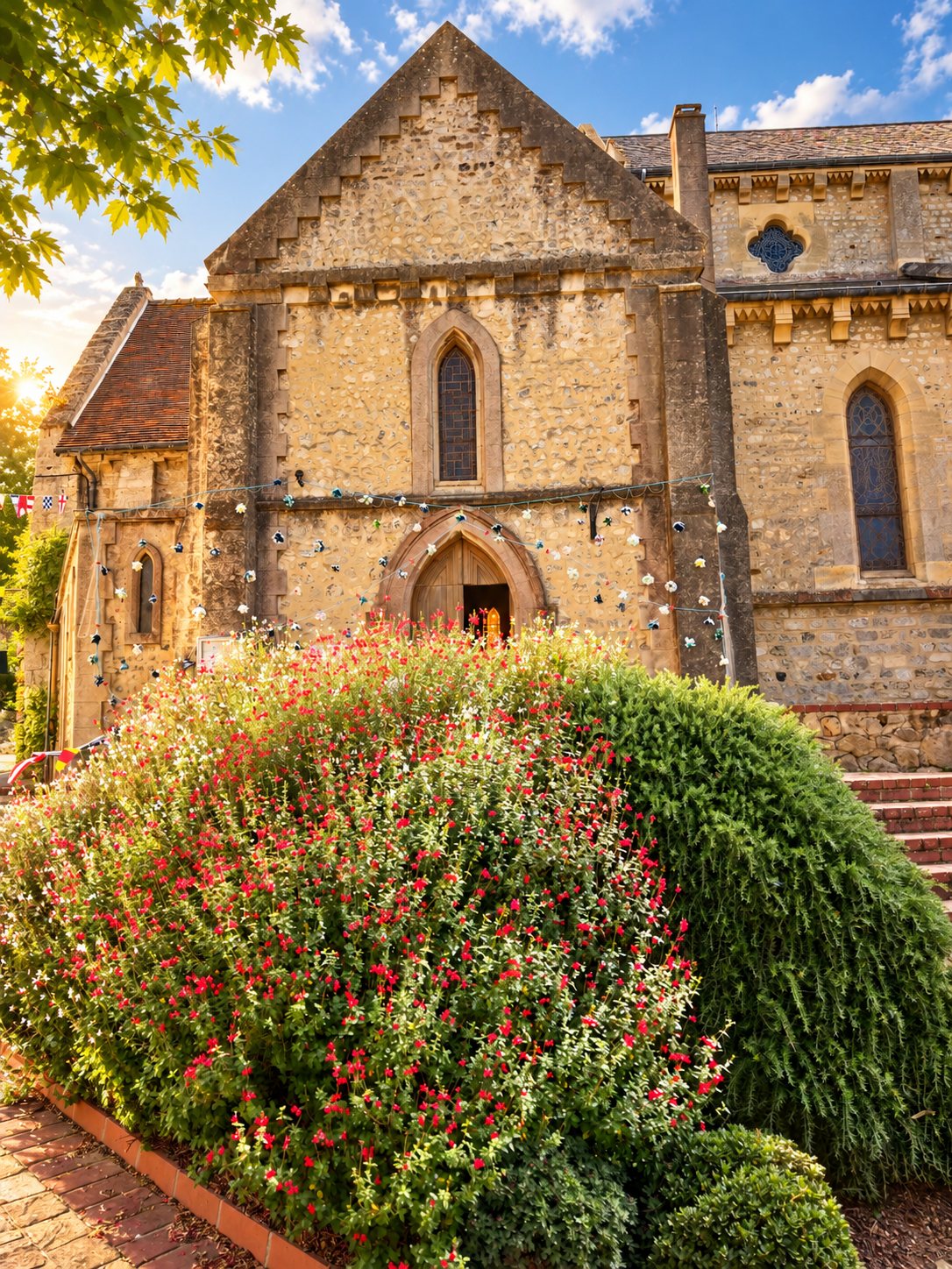 L'église de Villerville, en pierre, et son massif fleuri