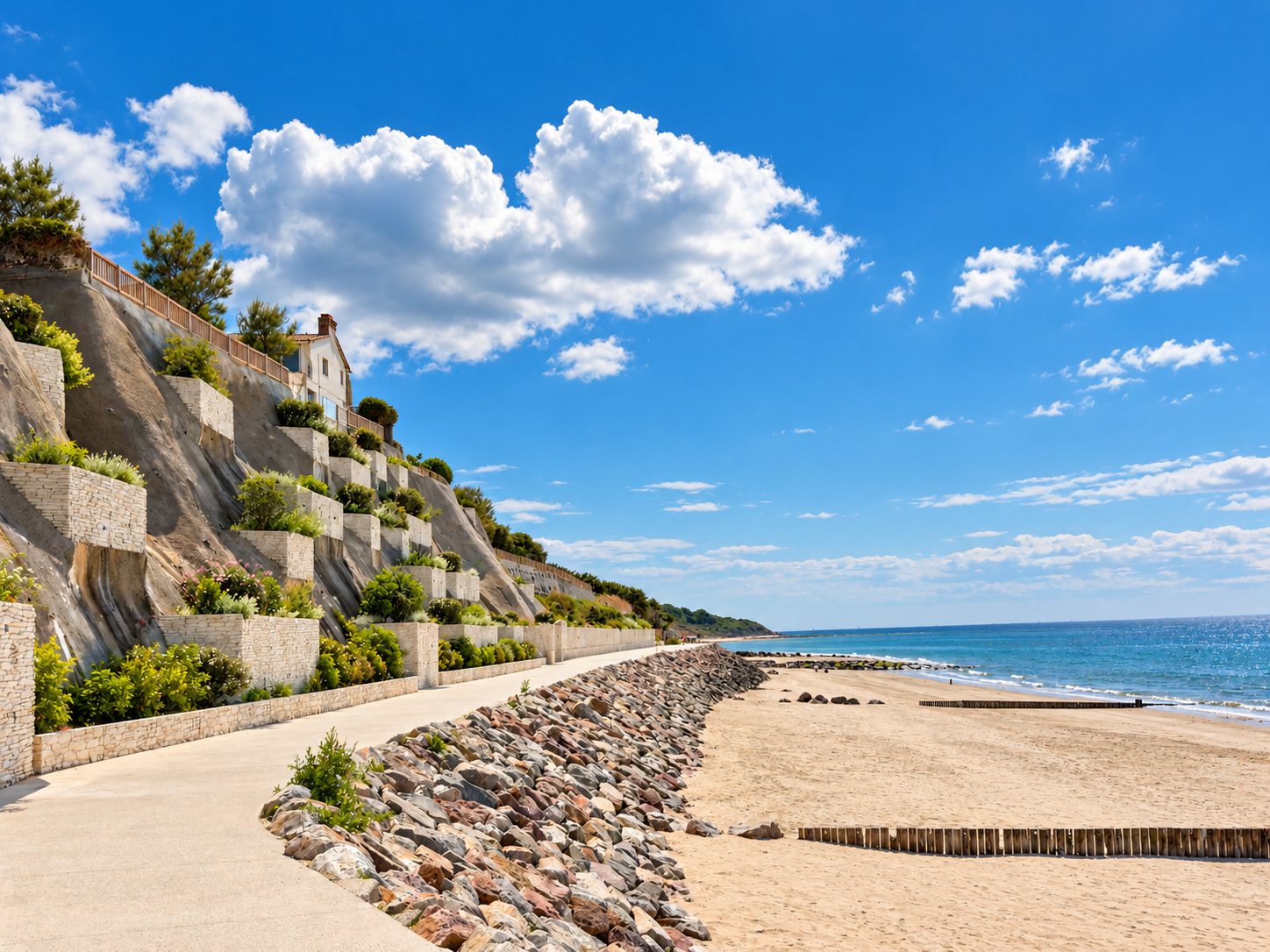 La plage de Villerville et la promenade au pied de la falaise et de ses jardins en terrasses