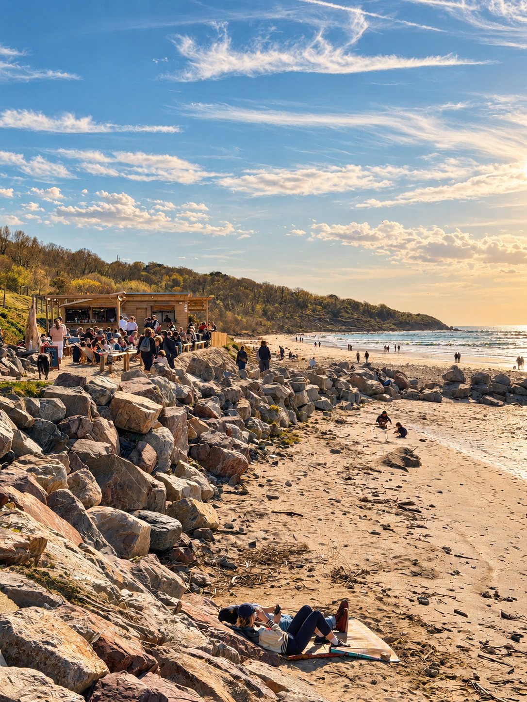 Fin d'après-midi sur la plage de Villerville, promeneurs et terrasse face à la mer