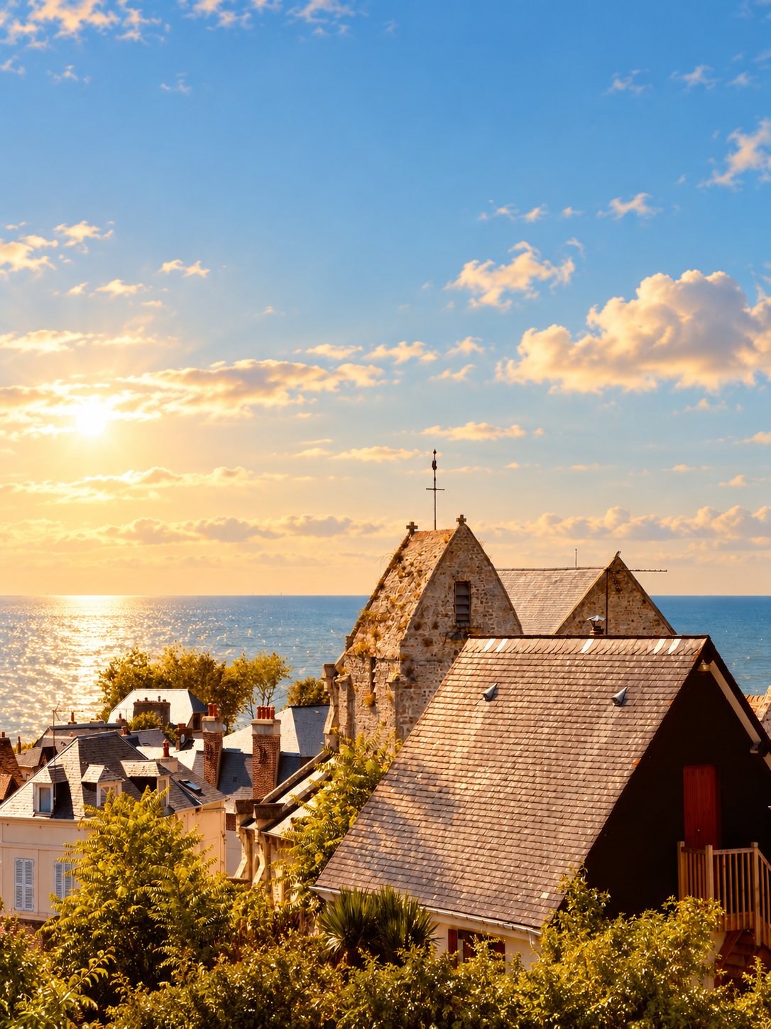 Les toits de Villerville et le clocher de l'église, la mer au coucher du soleil