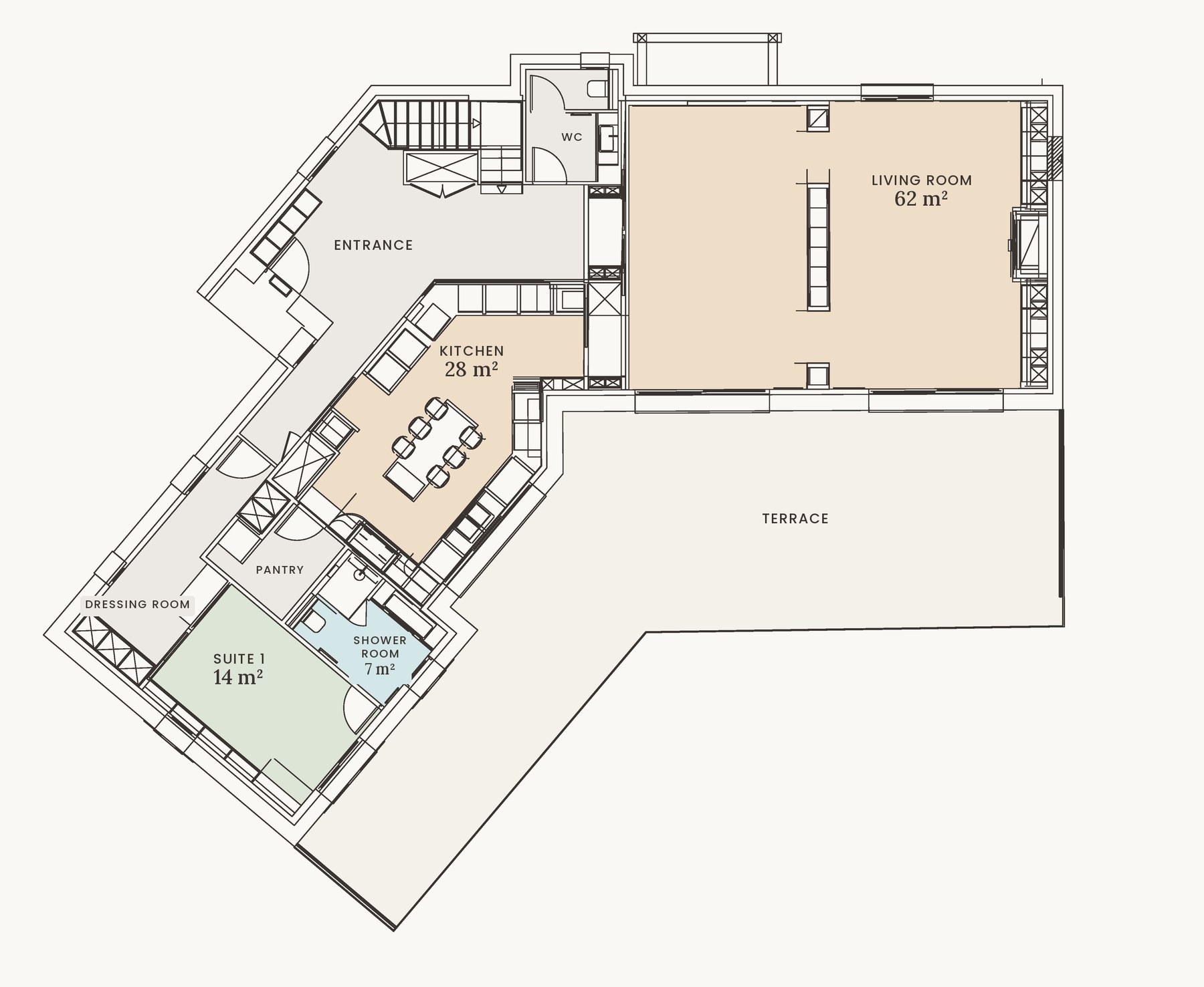 Plano de la villa Holisty en Villerville: planta baja. El corazón de la casa: el salón-comedor abierto a la terraza y al mar, la cocina y la suite 1 con su cuarto de ducha. Estancias y superficies: Salón-comedor 62 m², Cocina 28 m², Suite 1 14 m², Cuarto de ducha · suite 1 7 m².