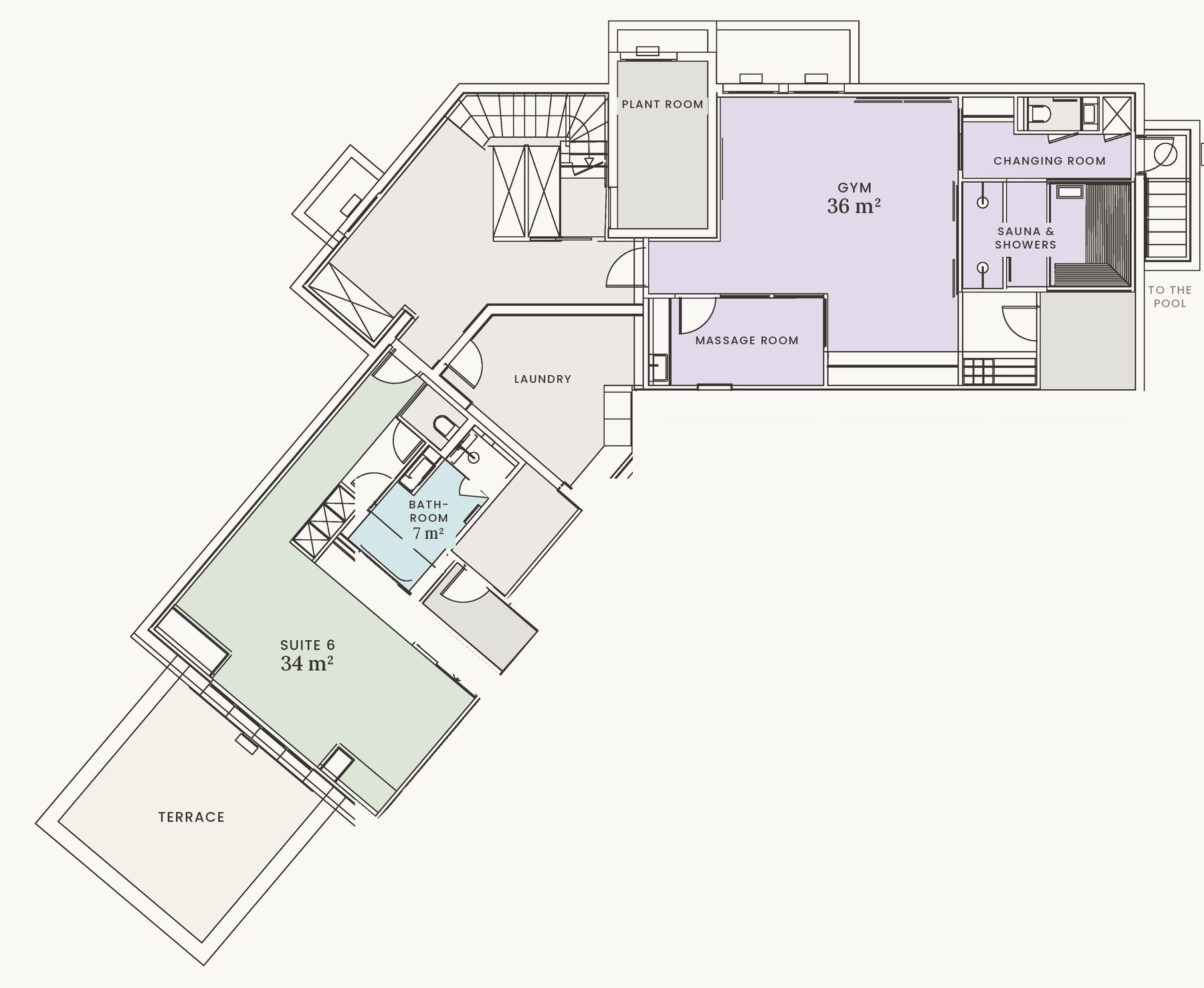 Plano de la villa Holisty en Villerville: planta jardín. La suite 6, la más amplia, con su baño y su terraza, y la zona de bienestar: gimnasio, sauna, duchas y sala de masajes, con acceso directo a la piscina. Estancias y superficies: Suite 6 34 m², Baño · suite 6 7 m², Gimnasio 36 m².