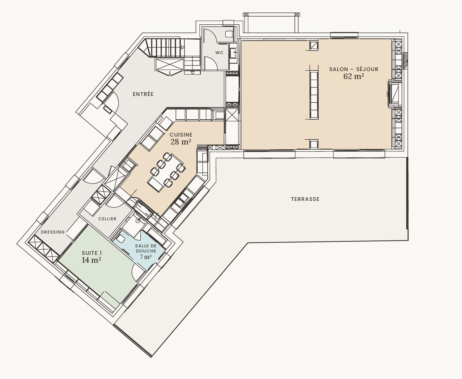 Plan de la villa Holisty à Villerville&nbsp;: rez-de-chaussée. Le cœur de la maison&nbsp;: le salon-séjour ouvert sur la terrasse et la mer, la cuisine, et la suite 1 avec sa salle de douche. Pièces et surfaces&nbsp;: Salon – séjour 62&nbsp;m², Cuisine 28&nbsp;m², Suite 1 14&nbsp;m², Salle de douche · suite 1 7&nbsp;m².