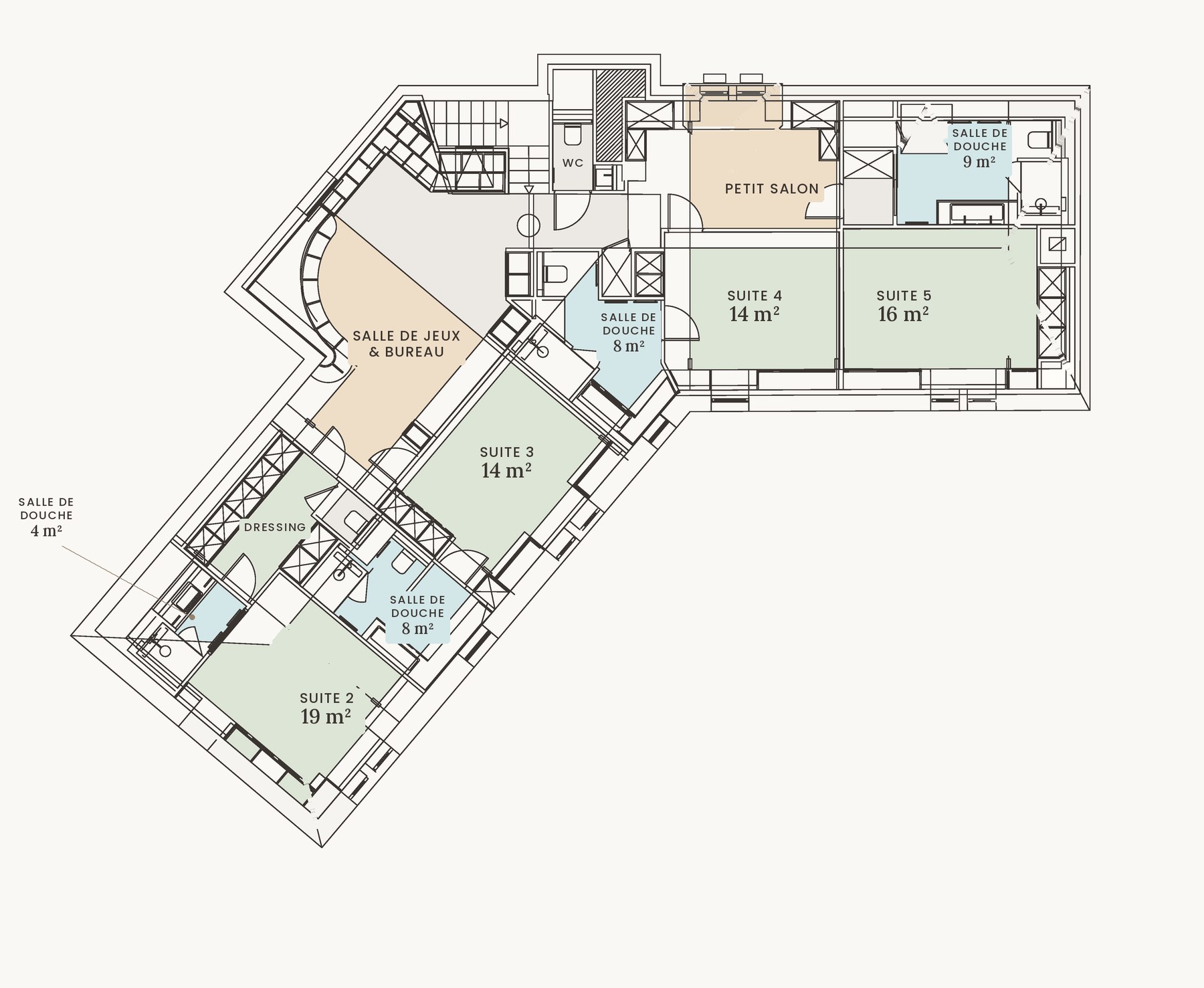 Plan de la villa Holisty à Villerville&nbsp;: 1er étage. Quatre suites, chacune avec sa salle de douche, autour d'une salle de jeux qui sert aussi de bureau et d'un petit salon. Pièces et surfaces&nbsp;: Suite 2, dressing compris 19&nbsp;m², Salle de douche · suite 2 4&nbsp;m², Suite 3 14&nbsp;m², Salle de douche · suite 3 8&nbsp;m², Suite 4 14&nbsp;m², Salle de douche · suite 4 8&nbsp;m², Suite 5 16&nbsp;m², Salle de douche · suite 5 9&nbsp;m².